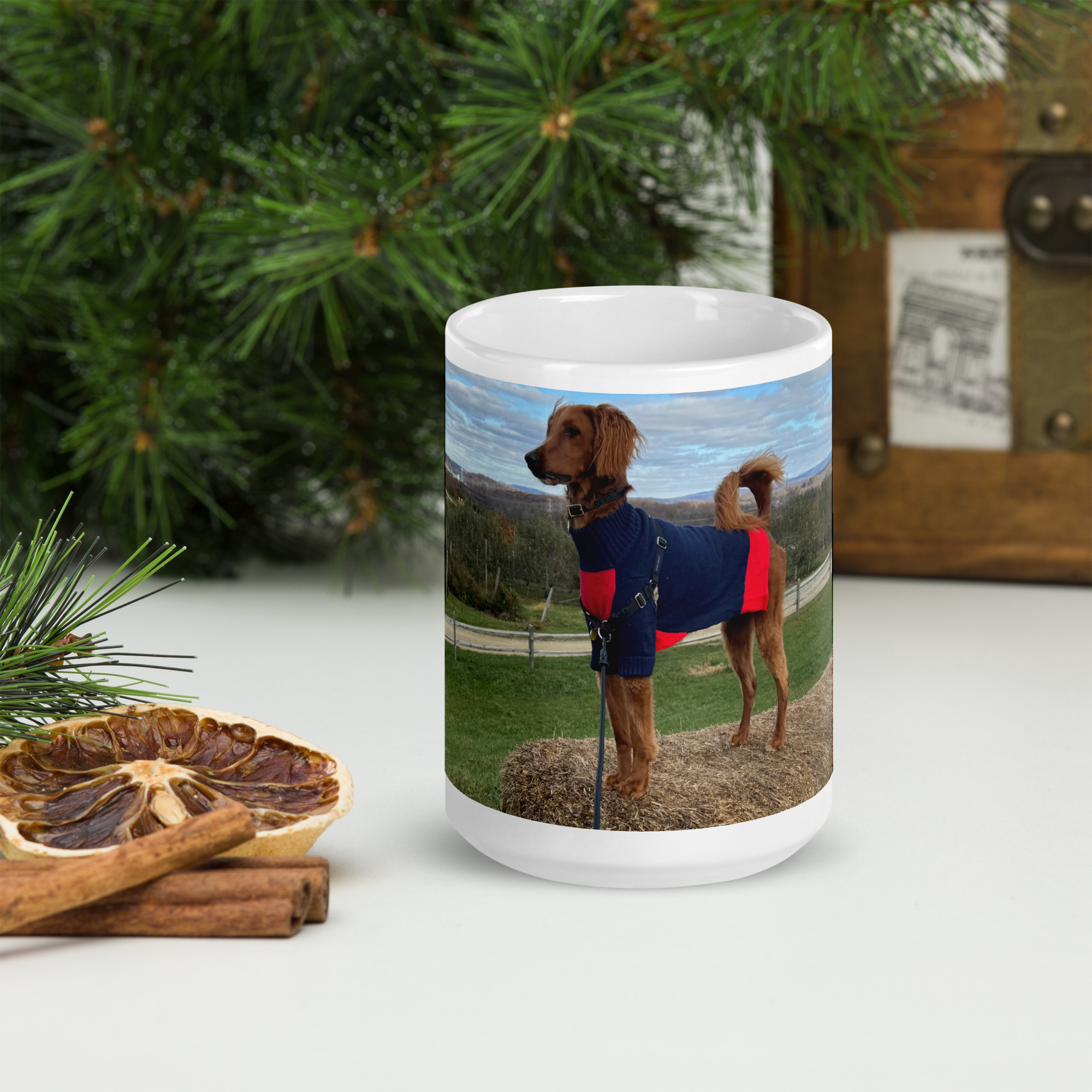 White Glossy Mug with Jaxy Dog in the Manger Design - Image 3